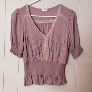 In Loom Womens Dusty Rose Embroidered Smocked Waist Peasant Blouse Top Medium